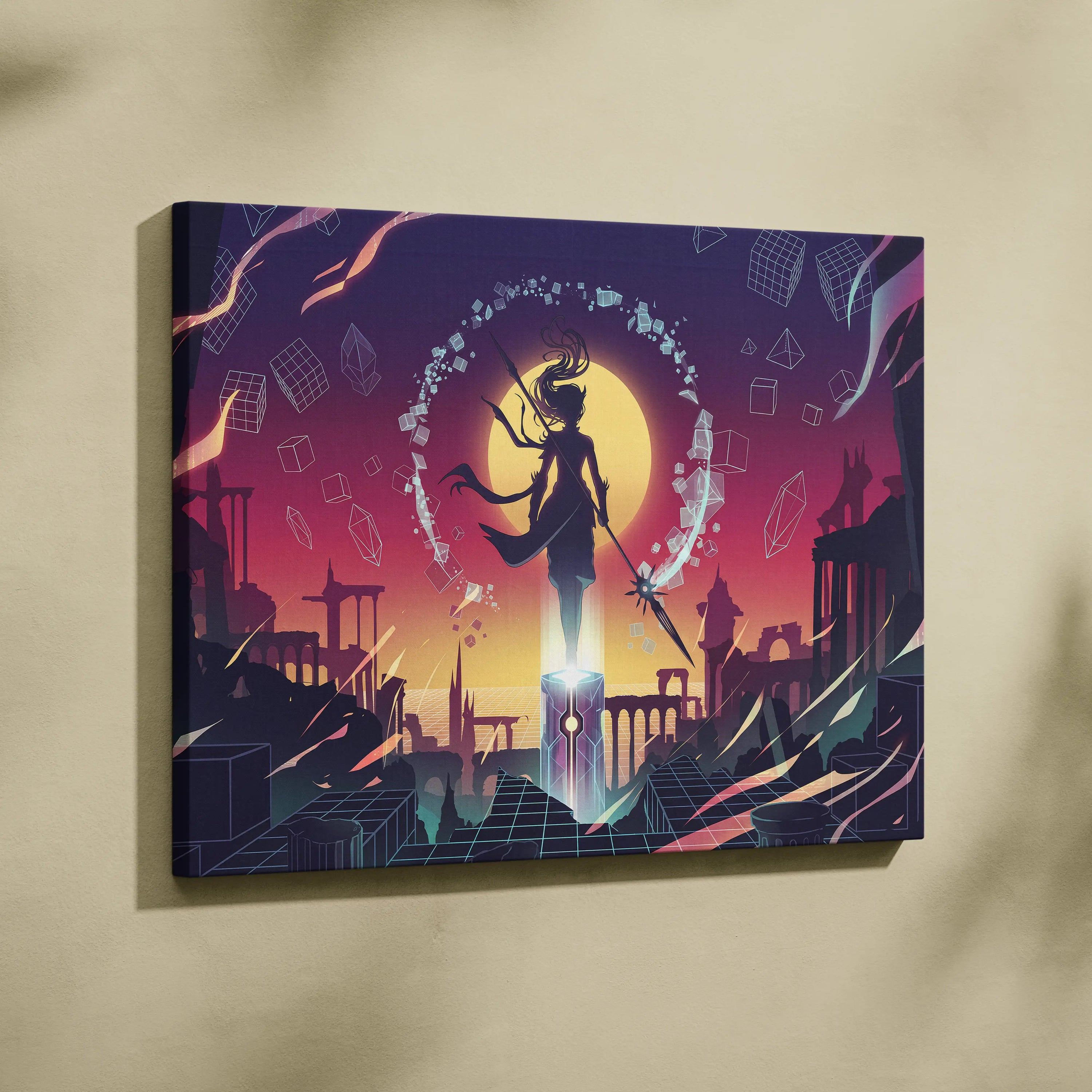 Vaporwave Neon Fantasy Canvas - Vaporwave Neon Purple Sunset Canvas Living Room Art Moody Dreamy Synthwave Decor
