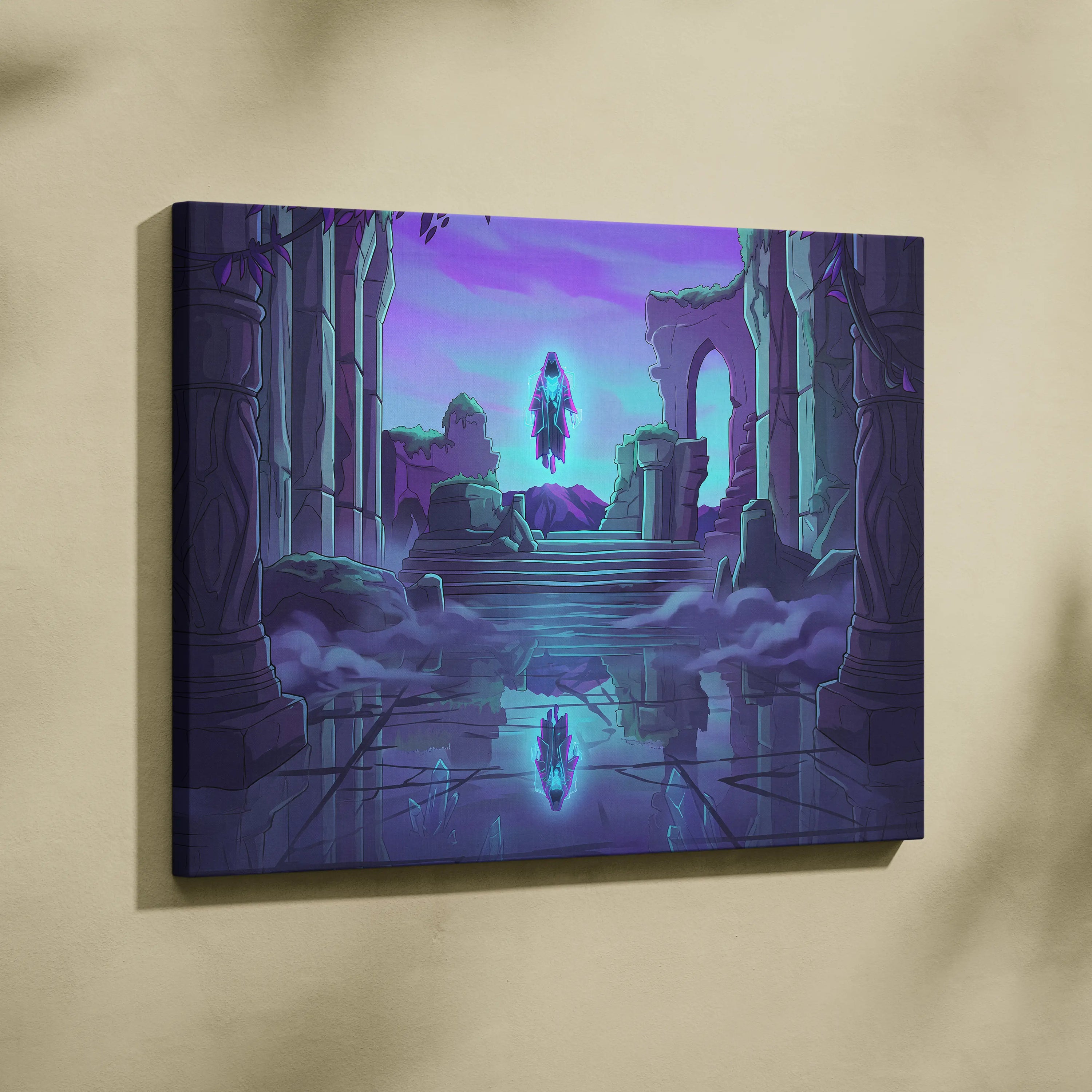 Vaporwave Neon Oracle Canvas - Hooded Figure Neon Purple Blue Vaporwave Living Mystical Mood Neon Decor Canvas