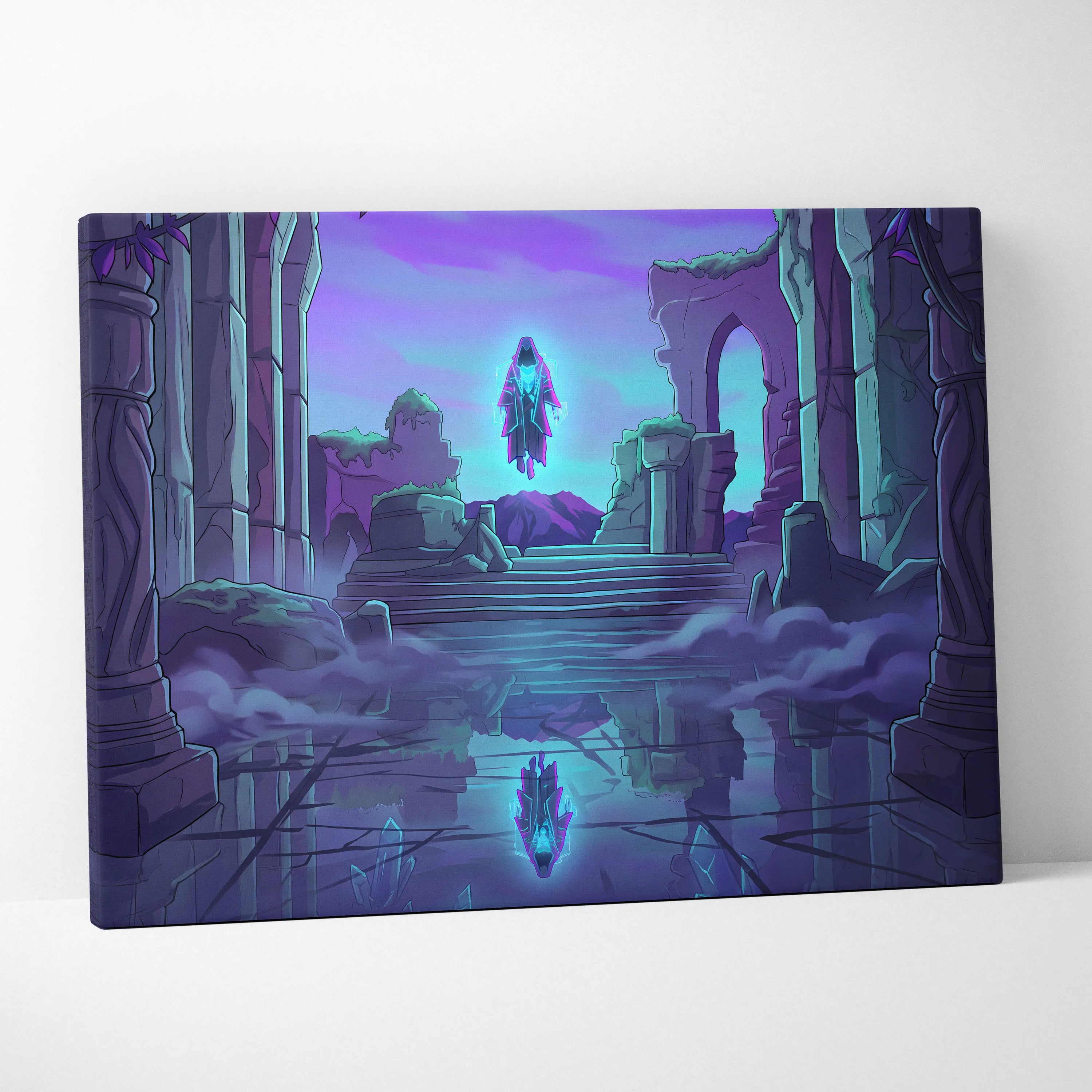 Vaporwave Neon Oracle Canvas - Hooded Figure Neon Purple Blue Vaporwave Living Mystical Mood Neon Decor Canvas