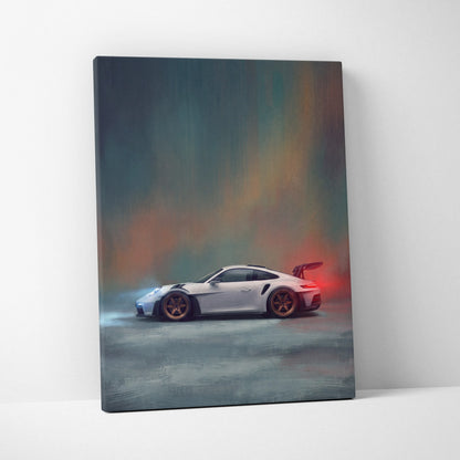 White porsche 911 gt3 rs inspired sports car canvas print with gold rims and glowing red spoiler against moody sky