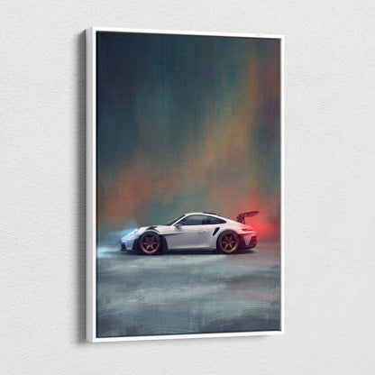 White framed canvas print of a white porsche 911 gt3 rs sports car with gold rims drifting on a moody gradient background