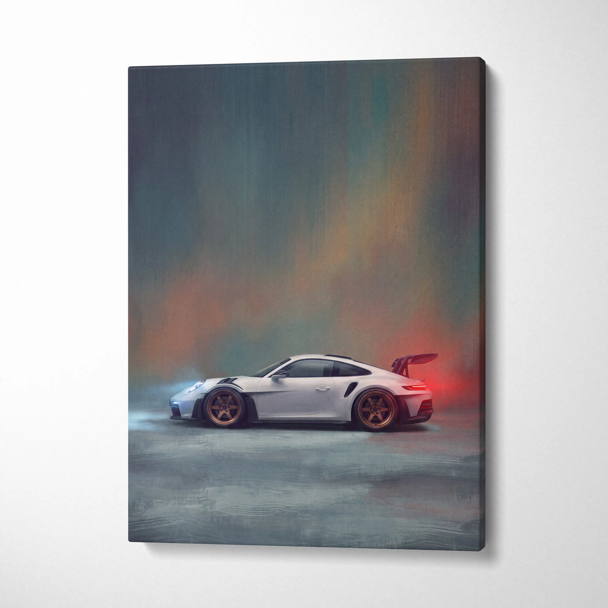White porsche 911 gt3 rs sports car canvas art print with gold rims and glowing red rear spoiler for wall decor