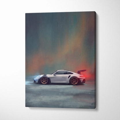 White porsche 911 gt3 rs sports car canvas art print with gold rims and glowing red rear spoiler for wall decor