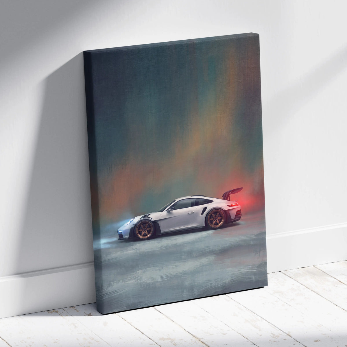 White Porsche 911 GT3 RS inspired sports car canvas art print with gold rims and glowing red rear spoiler against moody backdrop