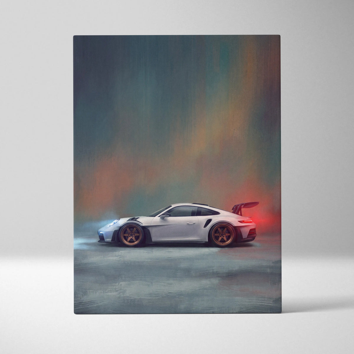 White porsche 911 gt3 rs inspired supercar canvas art featuring gold rims and rear spoiler in artistic rendering