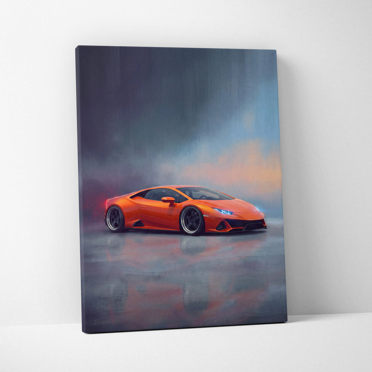 Vibrant orange Lamborghini Huracán inspired canvas art featuring dynamic sports car painting for premium wall decor