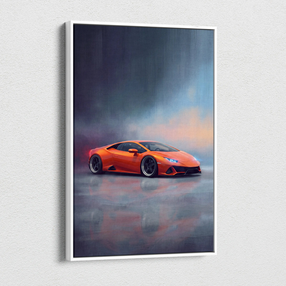 Vibrant orange Lamborghini Huracán sports car depicted in dynamic painting on premium canvas wall decor in white frame