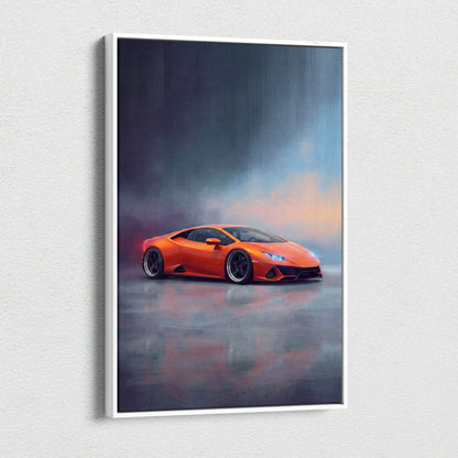 Vibrant orange Lamborghini Huracán sports car depicted in dynamic painting on premium canvas wall decor in white frame