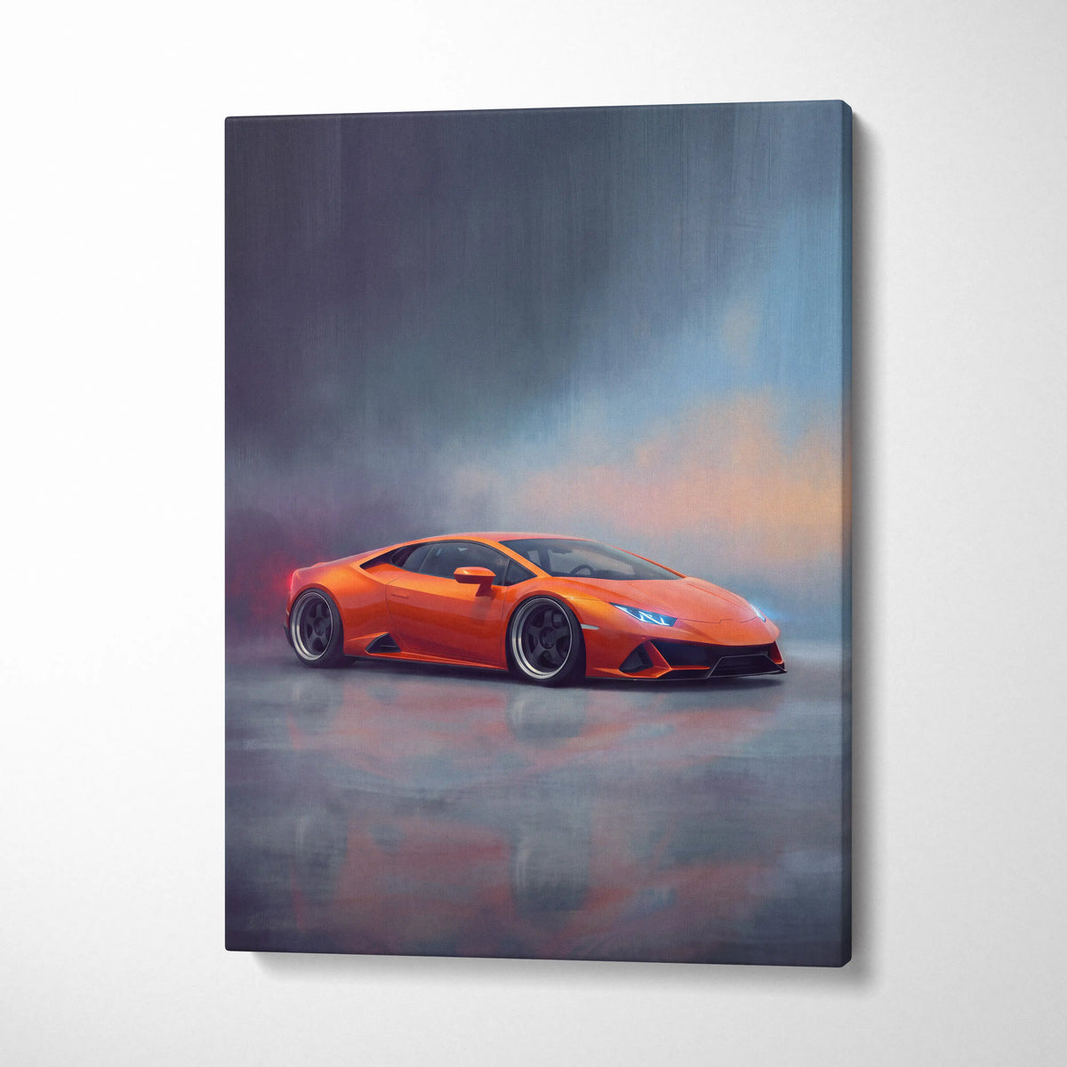 Lamborghini huracán inspired canvas art featuring a vibrant orange sports car in a dynamic misty landscape