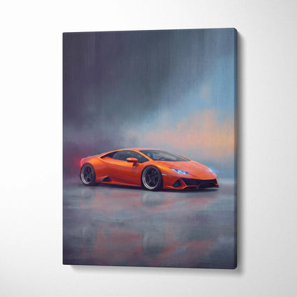 Lamborghini huracán inspired canvas art featuring a vibrant orange sports car in a dynamic misty landscape