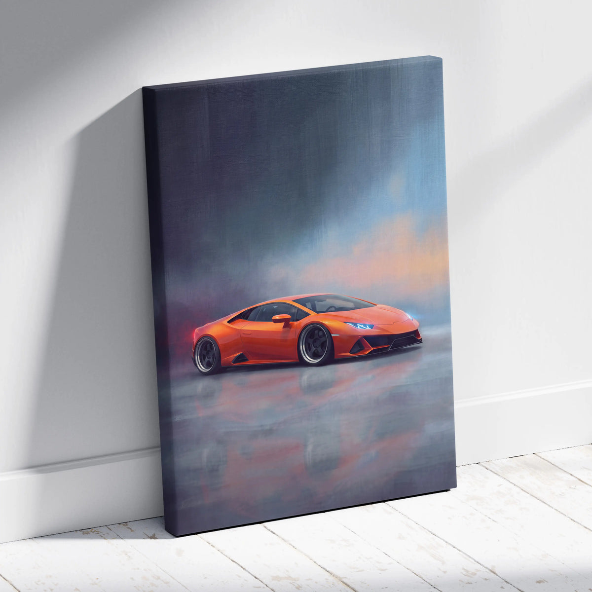 Lamborghini Huracán inspired canvas art featuring a vibrant orange sports car on wet reflective pavement background