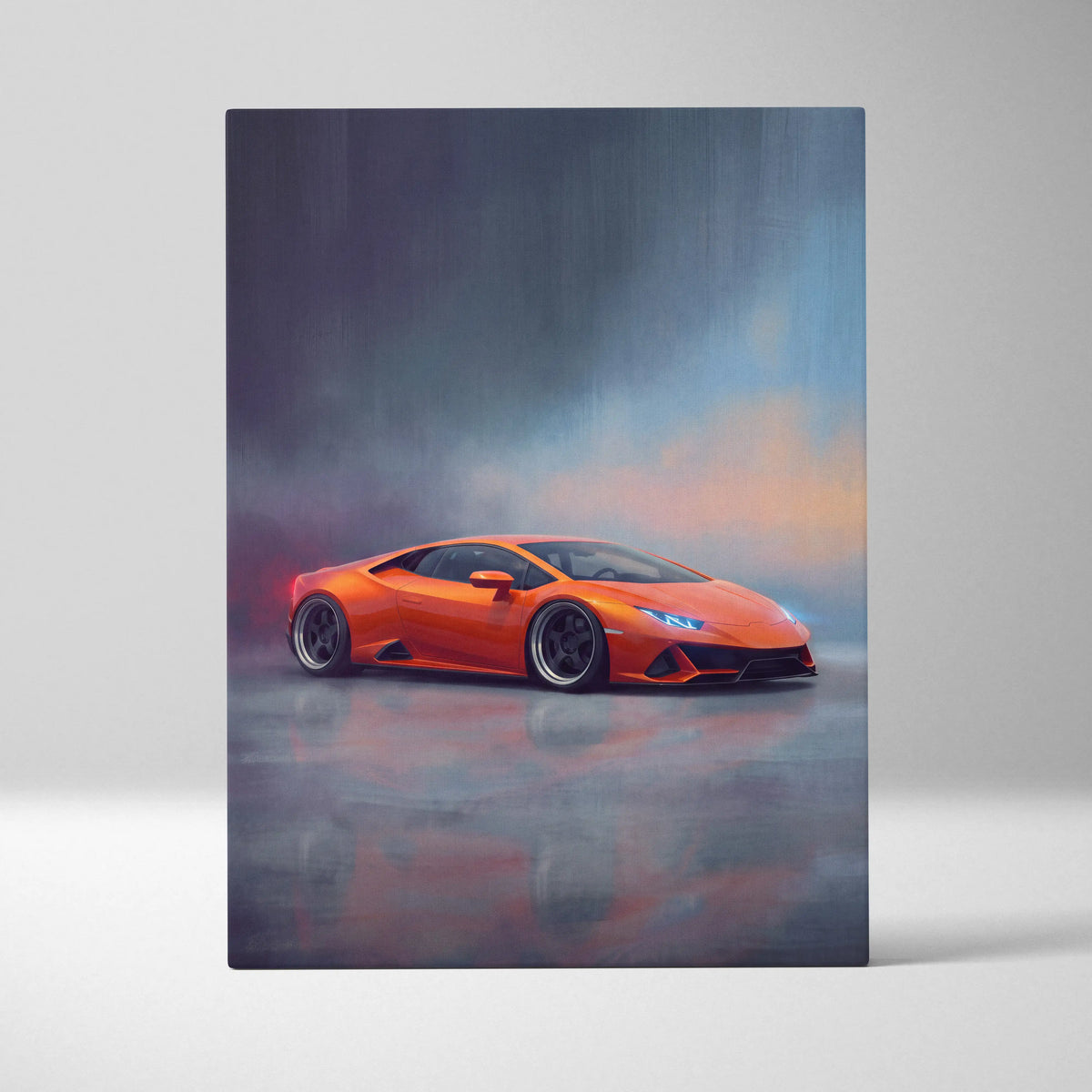 Vibrant orange lamborghini huracán sports car depicted in dynamic atmospheric painting on premium canvas wall art