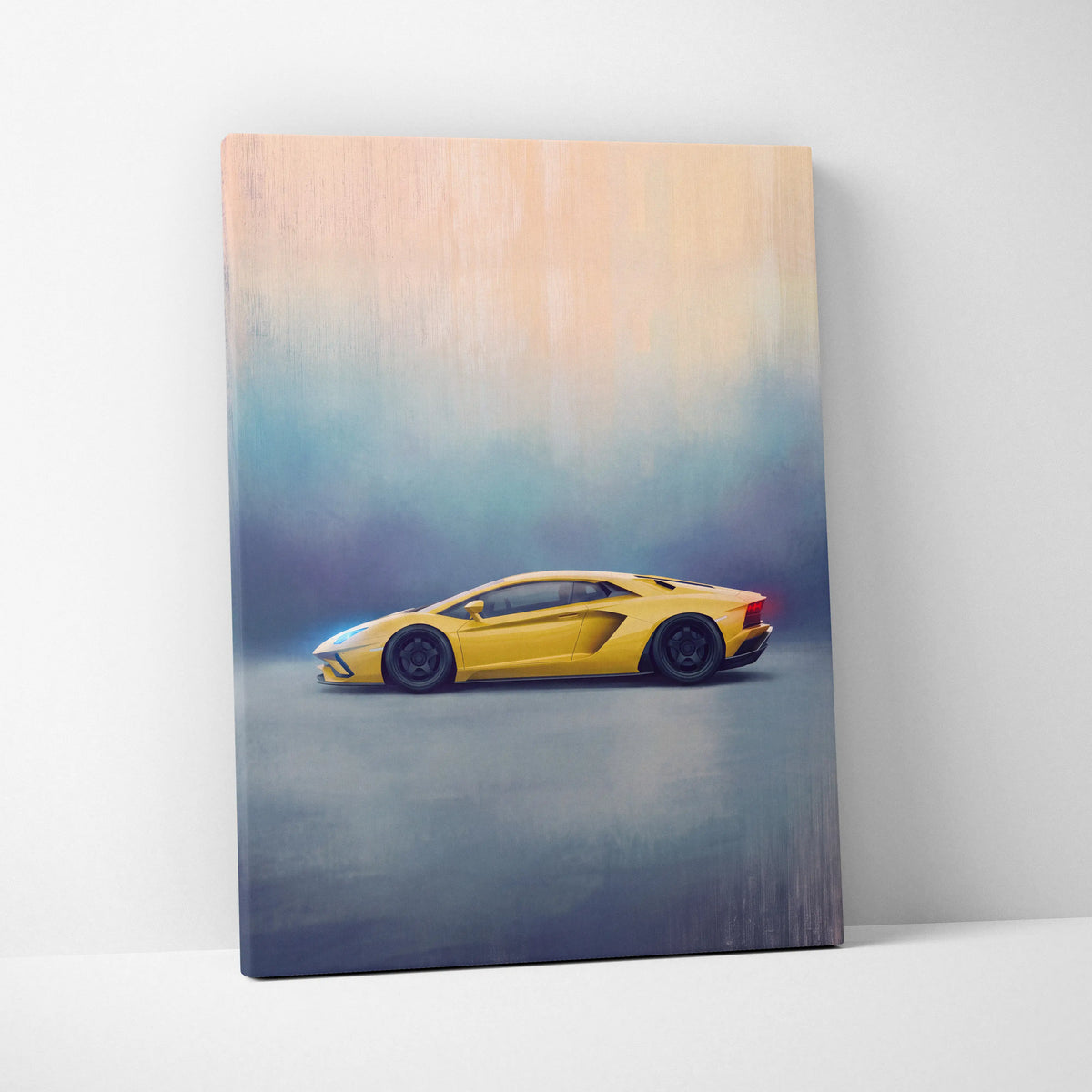 Yellow lamborghini aventador canvas print featuring track edition car wall art for automotive decor