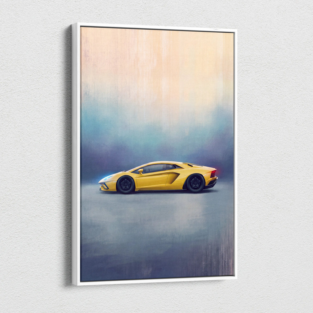 Yellow Lamborghini Aventador sports car illustration on white-framed canvas print for wall art track edition display