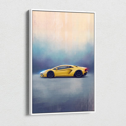 Yellow Lamborghini Aventador sports car illustration on white-framed canvas print for wall art track edition display