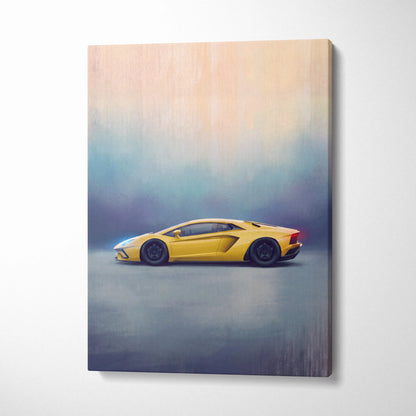 Yellow lamborghini aventador inspired car wall art canvas print featuring track edition design for automotive decor