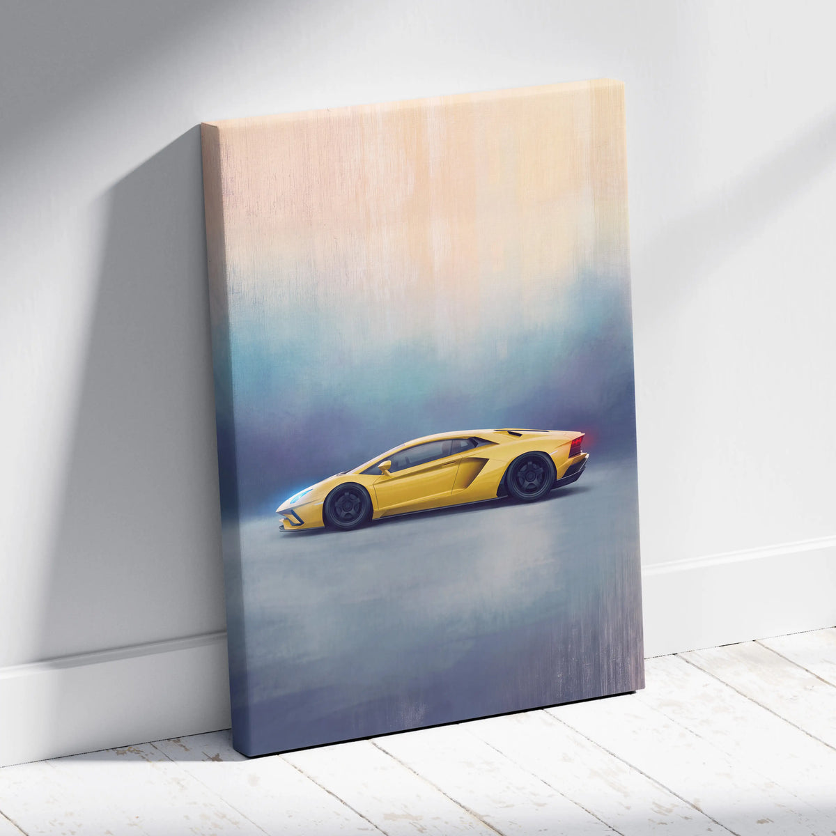 Yellow lamborghini aventador canvas print track edition leaning against a white wall car wall art painting