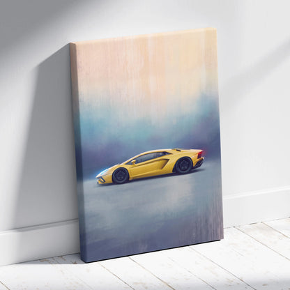 Yellow lamborghini aventador canvas print track edition leaning against a white wall car wall art painting