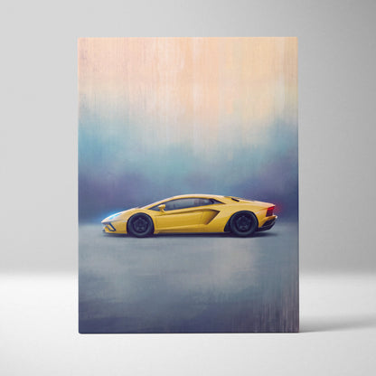 Vibrant yellow Lamborghini Aventador inspired car wall art featuring a stylized painterly illustration on canvas print