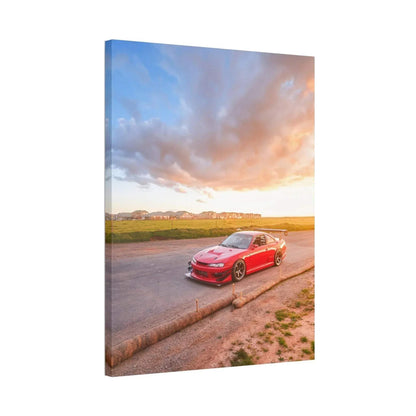 Vertical canvas art featuring a red Nissan 240sx S14 Kouki on a road at sunset, wall art print.