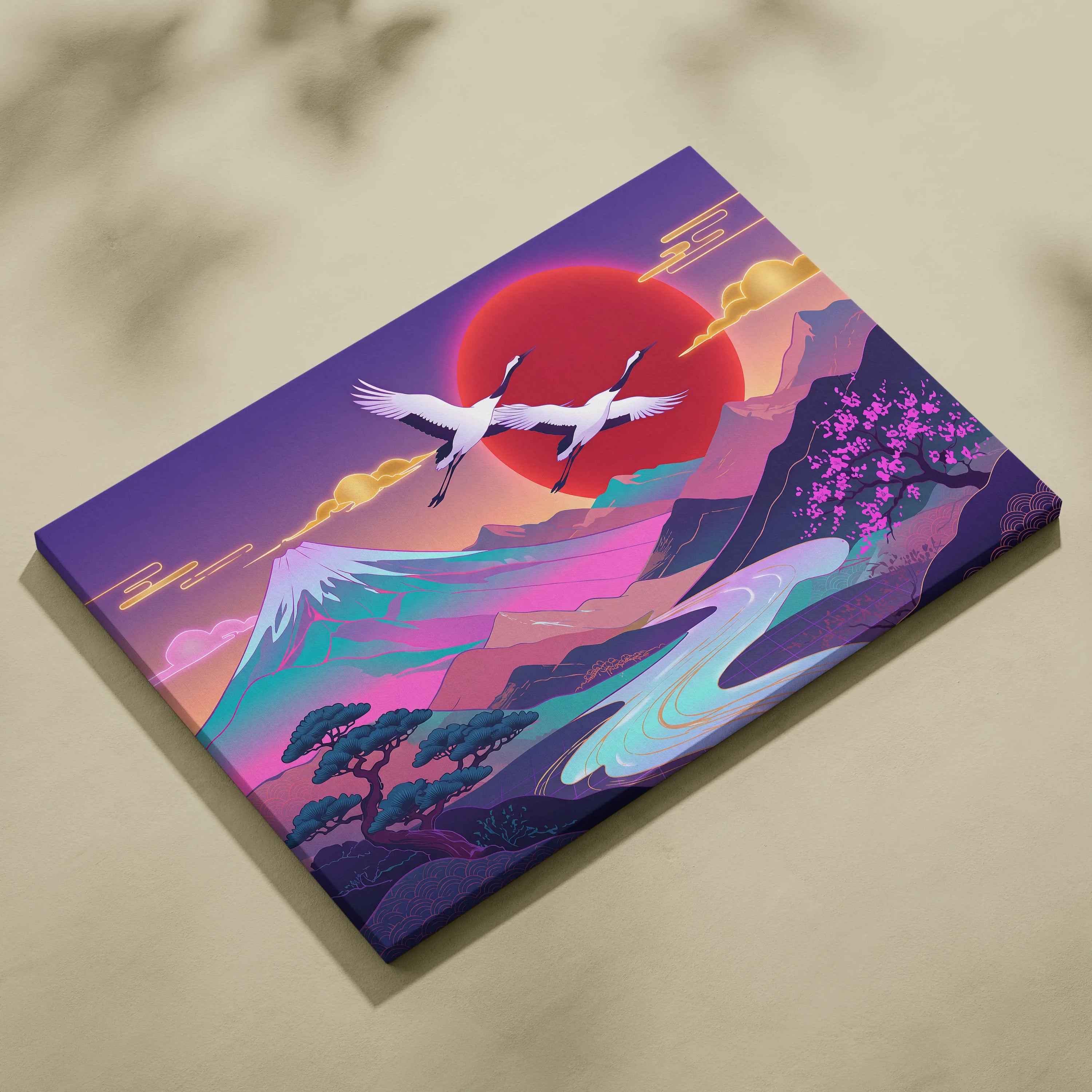 Vaporwave Fuji Neon Sunset - Fuji Neon Pastel Living Room Vaporwave - Dreamy Mood Japanese Landscape Decor Canvas Print