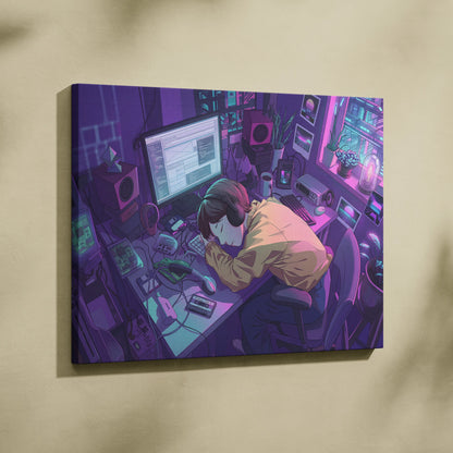 Vaporwave Neon Desk Canvas - Desk Purple Pink Cyan Home Office Vaporwave Dreamy Nostalgic Retro Futurism Canvas