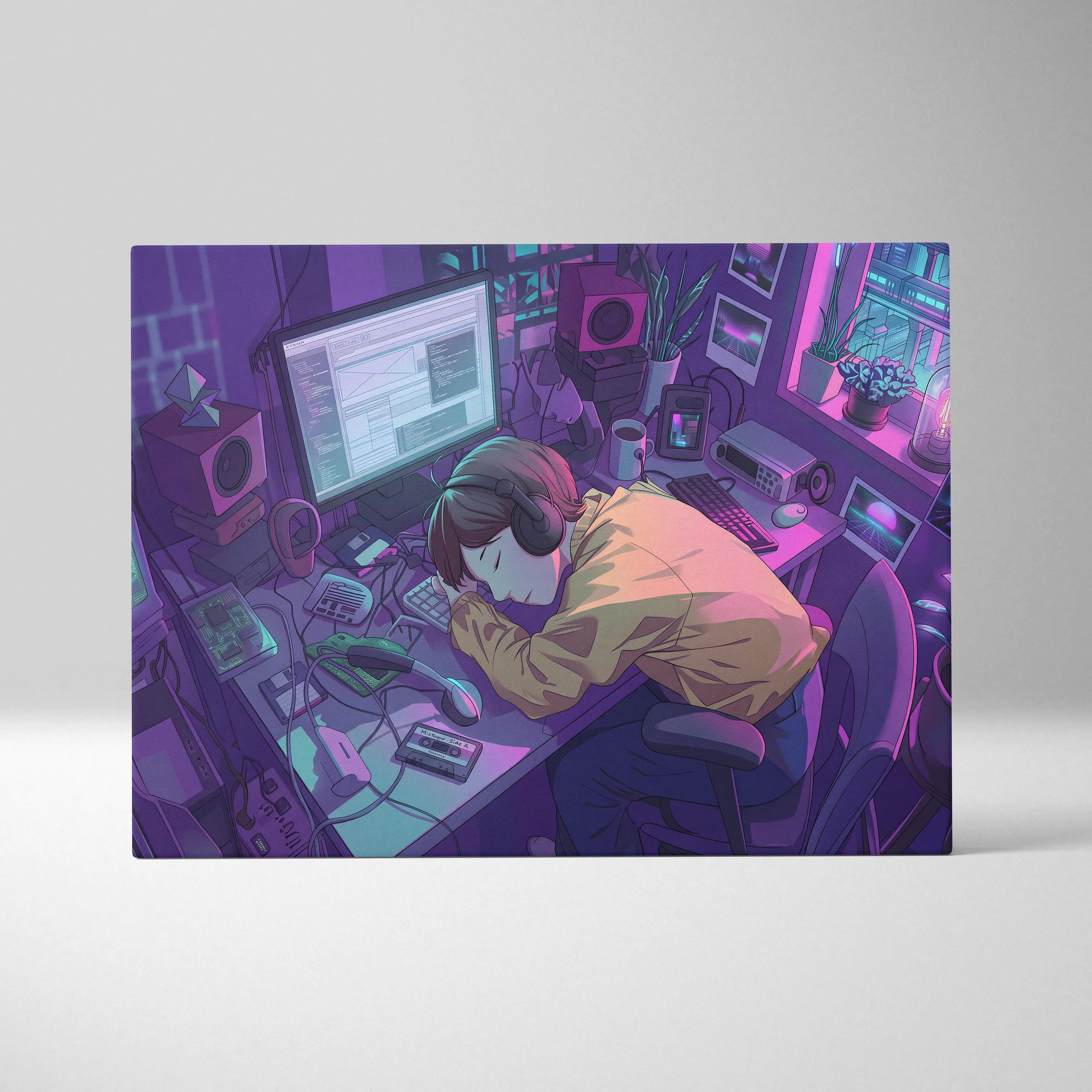 Vaporwave Neon Desk Canvas - Desk Purple Pink Cyan Home Office Vaporwave Dreamy Nostalgic Retro Futurism Canvas