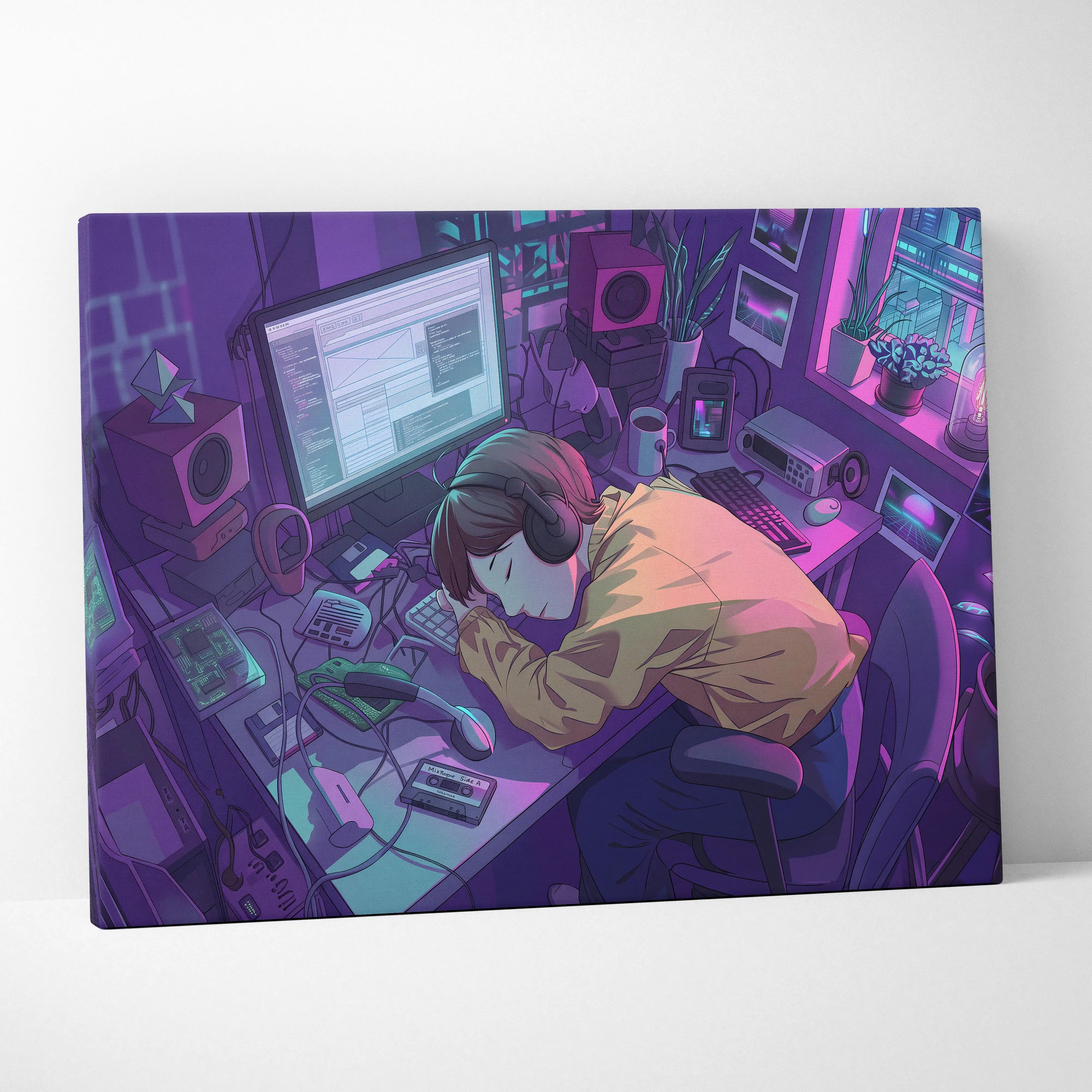 Vaporwave Neon Desk Canvas - Desk Purple Pink Cyan Home Office Vaporwave Dreamy Nostalgic Retro Futurism Canvas