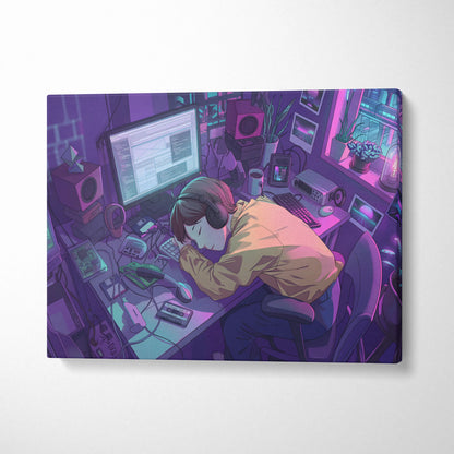Vaporwave Neon Desk Canvas - Desk Purple Pink Cyan Home Office Vaporwave Dreamy Nostalgic Retro Futurism Canvas