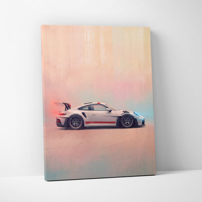 A sleek white porsche 911 gt3 rs with red and black racing stripes on a premium automotive canvas wall art