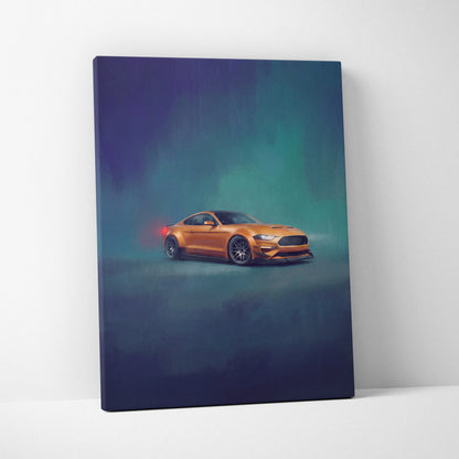 Orange ford mustang gt inspired canvas print with sleek design and glowing red taillights for office decor