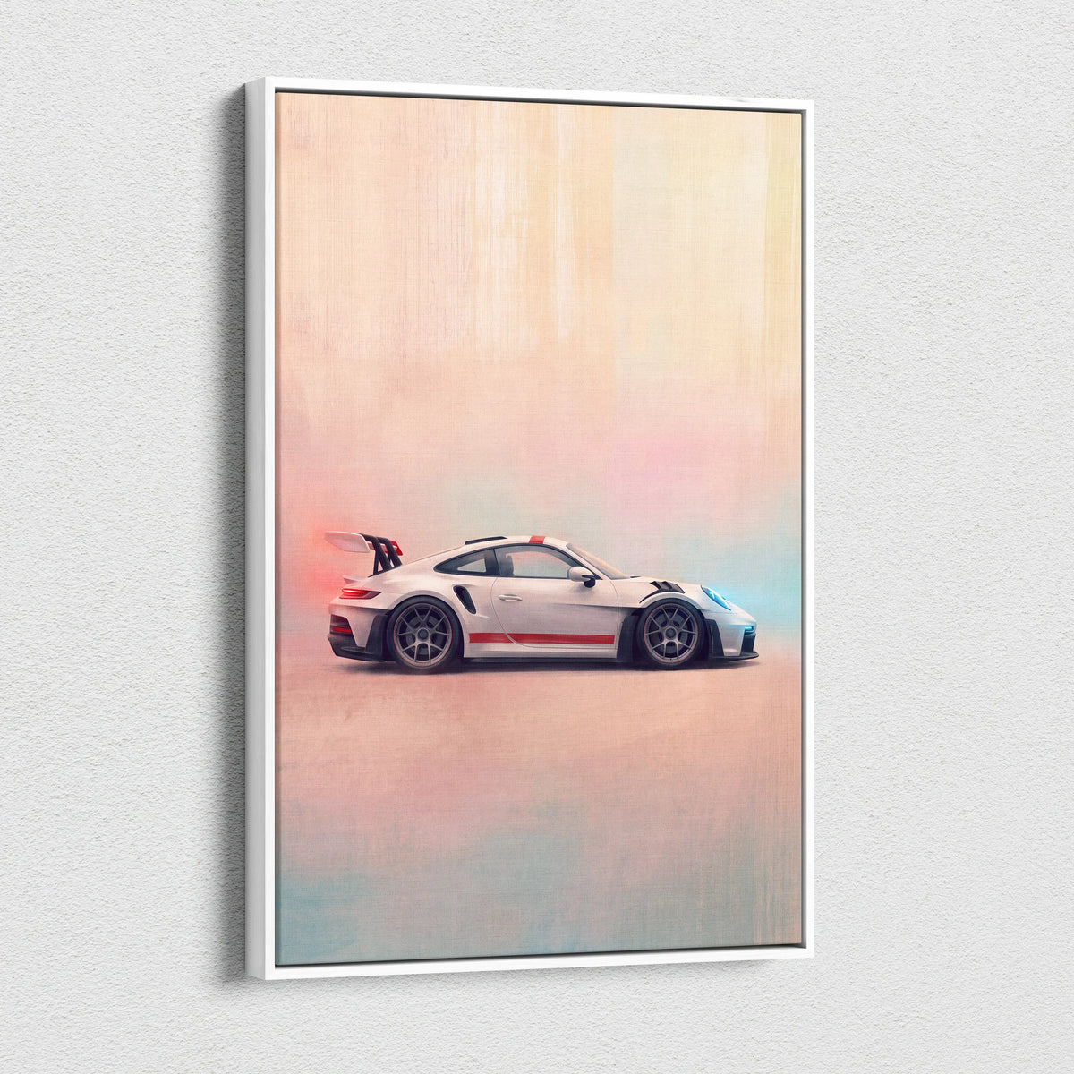 White framed canvas print featuring a white porsche 911 gt3 rs with red black stripes and blue orange smoke effects