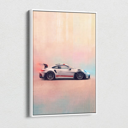 White framed canvas print featuring a white porsche 911 gt3 rs with red black stripes and blue orange smoke effects