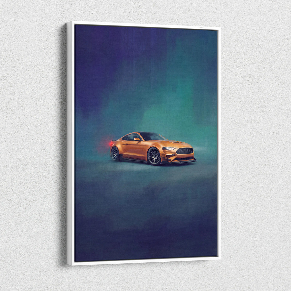 Orange ford mustang gt sports car stylized painting on white-framed canvas performance tuner wall art for office decor