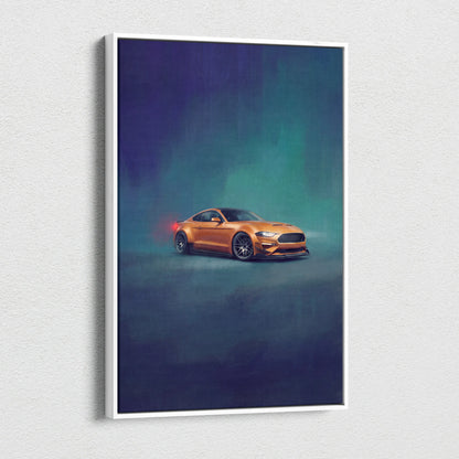 Orange ford mustang gt sports car stylized painting on white-framed canvas performance tuner wall art for office decor
