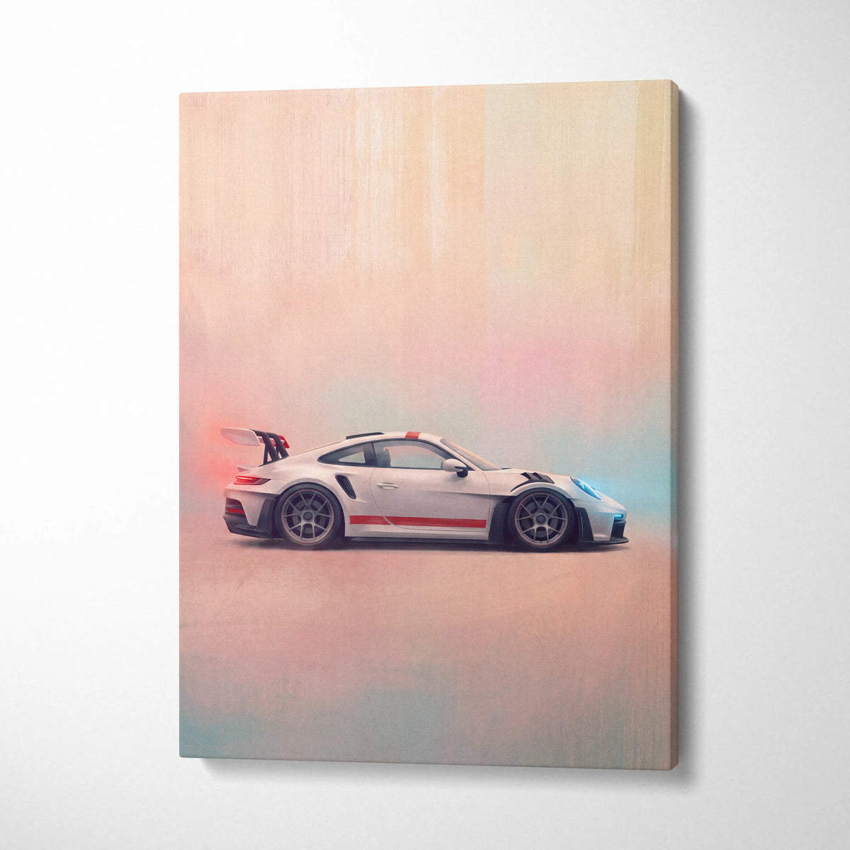 White porsche 911 gt3 rs canvas art with red racing stripes and black accents premium automotive wall decor