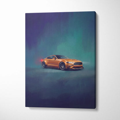 Golden ford mustang gt inspired canvas print with glowing red taillights for performance car office decor