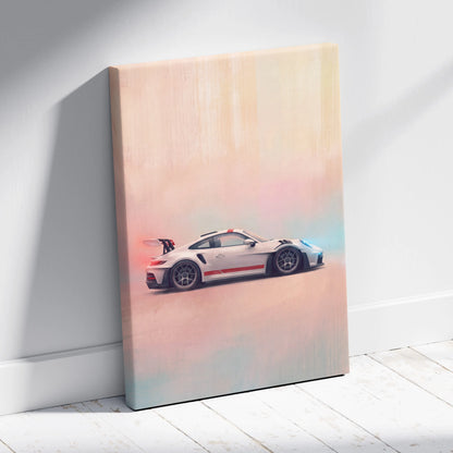 White Porsche 911 GT3 RS canvas art with red racing stripes and black wheels for premium automotive wall decor
