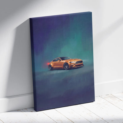 Orange ford mustang gt inspired canvas print with glowing red taillights for office decor wall art
