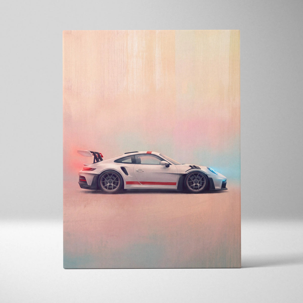 White Porsche 911 GT3 RS canvas art with red racing stripes and black wheels premium automotive wall decor
