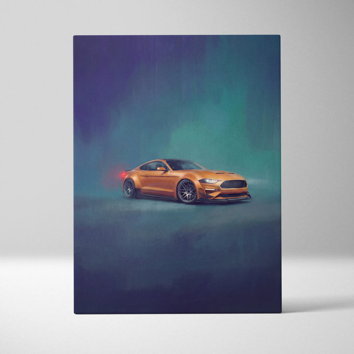 Orange ford mustang sports car in teal and purple glow on performance tuner canvas print for office decor