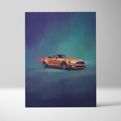 Orange ford mustang sports car in teal and purple glow on performance tuner canvas print for office decor