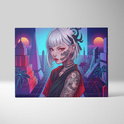 Vaporwave Portrait Neon City Canvas - Neon Pink Purple Cyan Style Synthwave Canvas Print