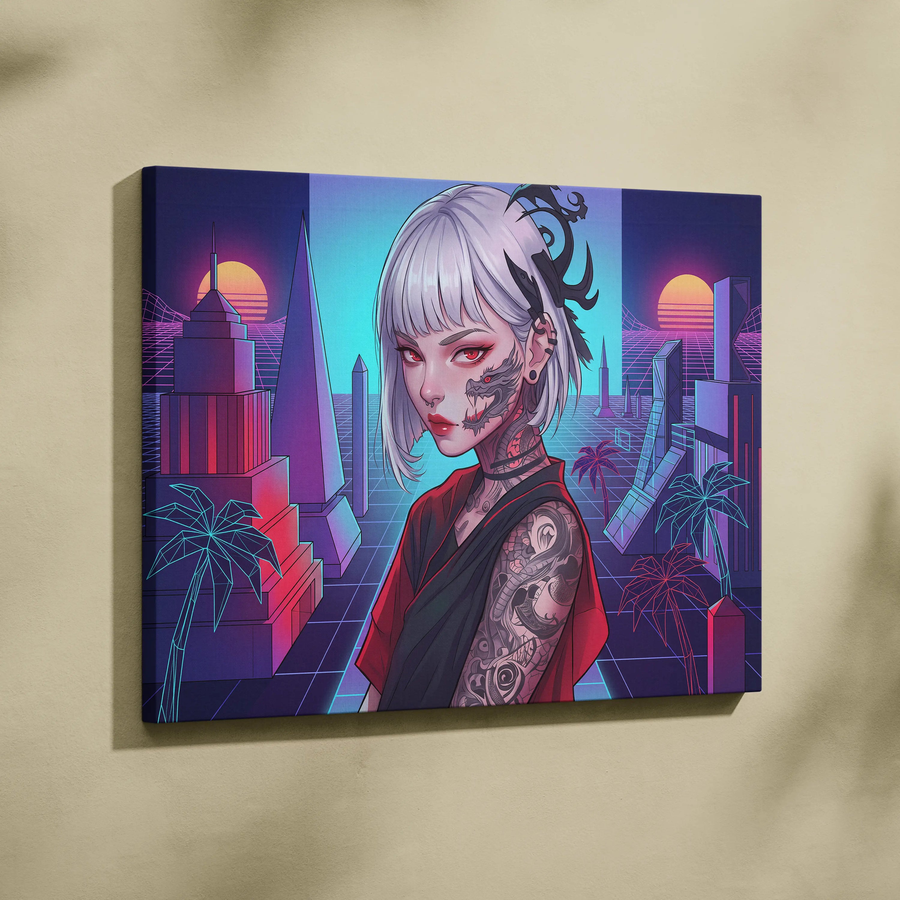 Vaporwave Portrait Neon City Canvas - Neon Pink Purple Cyan Style Synthwave Canvas Print