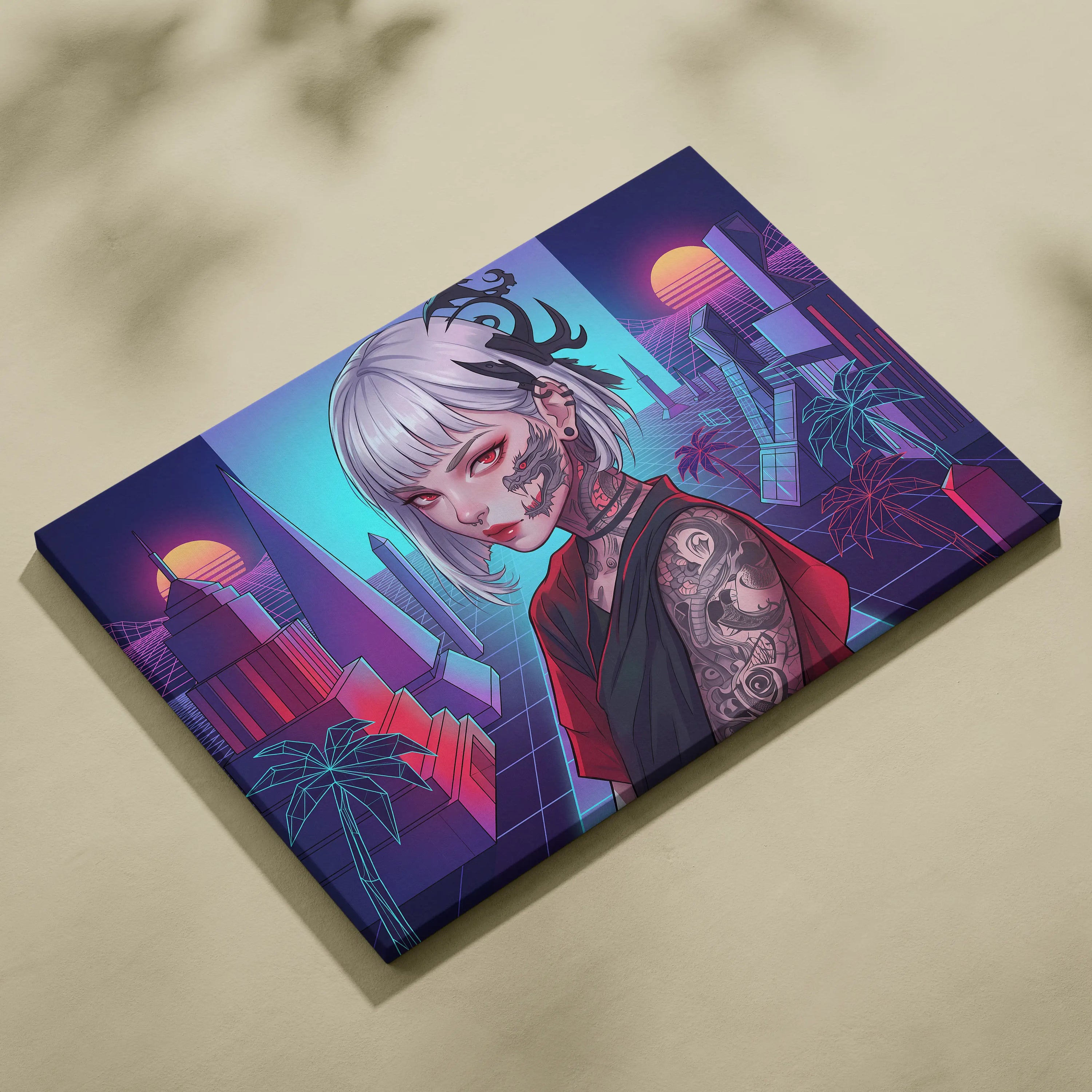 Vaporwave Portrait Neon City Canvas - Neon Pink Purple Cyan Style Synthwave Canvas Print