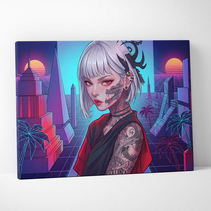Vaporwave Portrait Neon City Canvas - Neon Pink Purple Cyan Style Synthwave Canvas Print