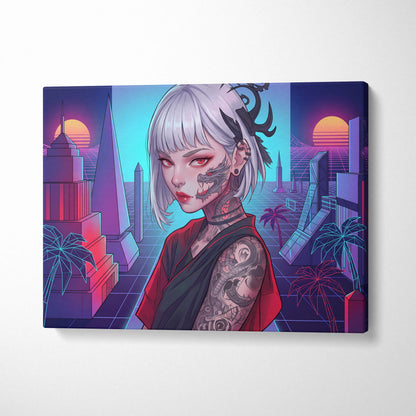 Vaporwave Portrait Neon City Canvas - Neon Pink Purple Cyan Style Synthwave Canvas Print