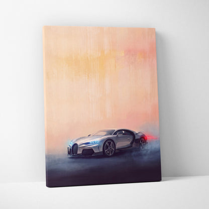 Silver Bugatti Chiron sports car with glowing blue headlights on premium canvas art for automotive wall decor