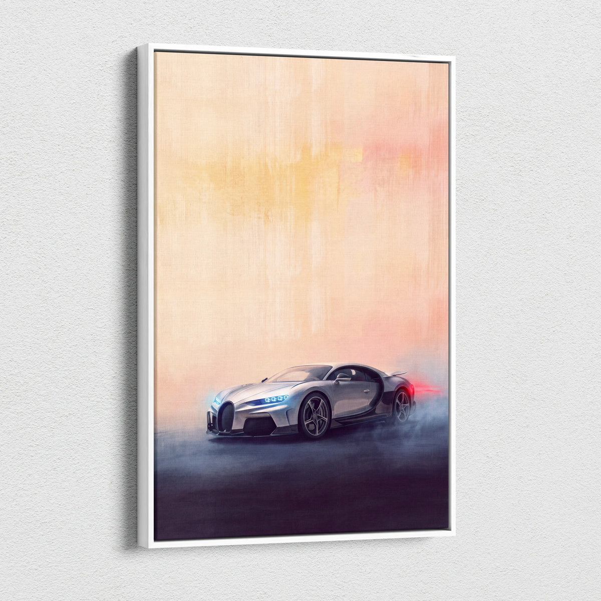 Bugatti chiron inspired canvas art featuring a silver sports car with glowing blue headlights and red taillights at sunset