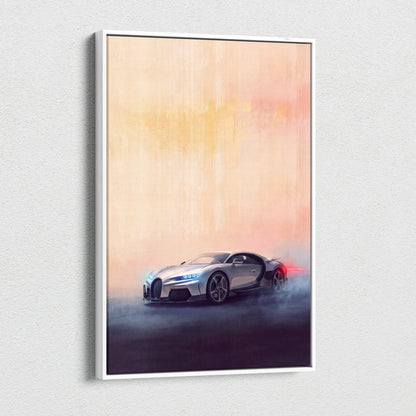 Bugatti chiron inspired canvas art featuring a silver sports car with glowing blue headlights and red taillights at sunset